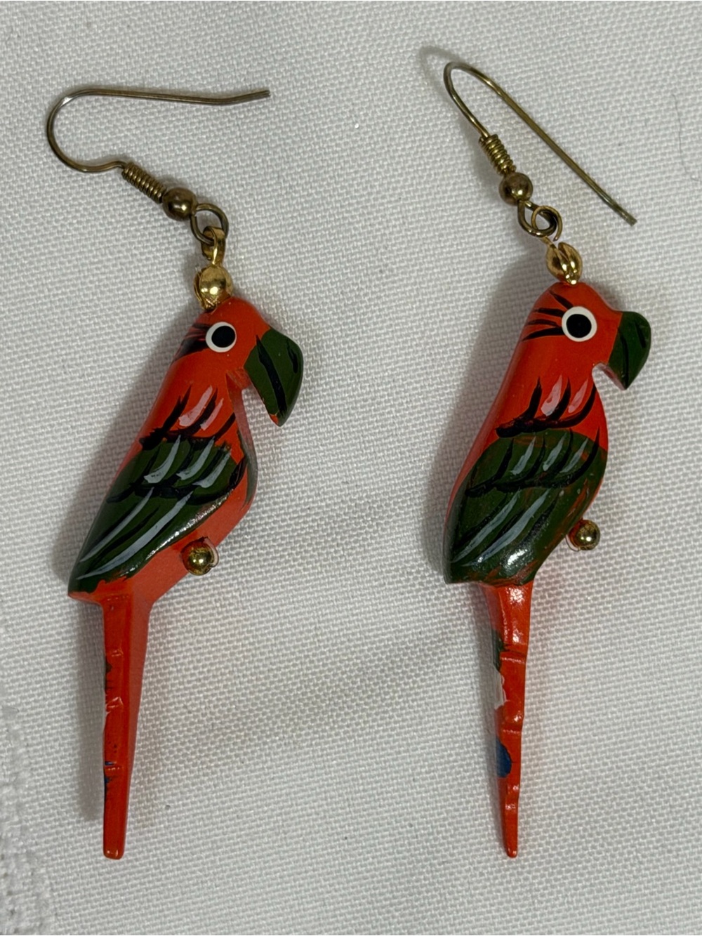 Vintage Hand Painted 2.25” Orange Parrot Pierced Earrings Carved Bird Tropical